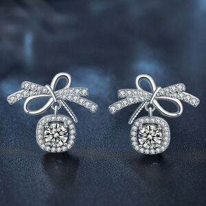 BOUTIQUE Platinum Plated 925 Sterling Silver Moissanite Bowknot Drop Earrings